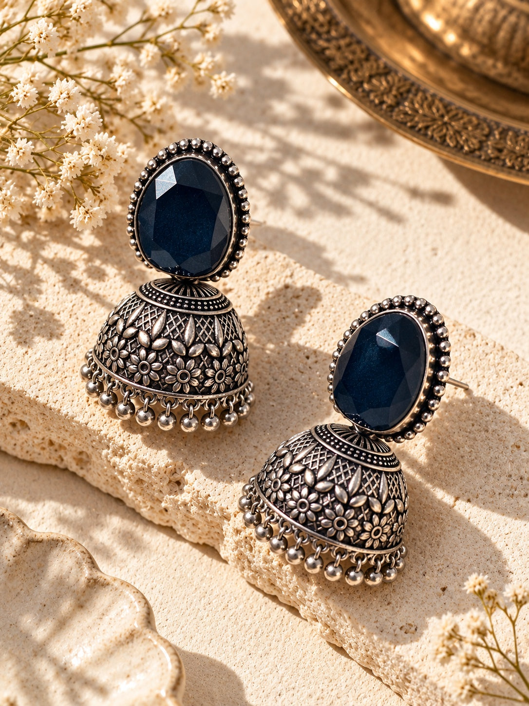 Monalisa Stone Silver Replica Jhumka - editorial angle 2