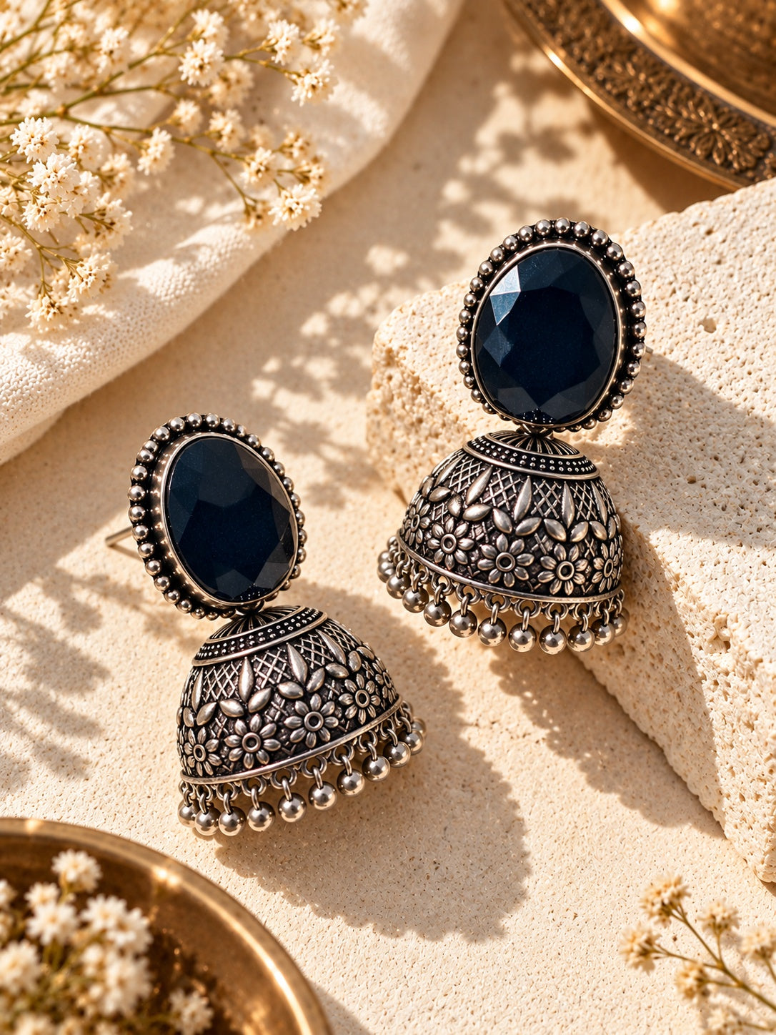 Monalisa Stone Silver Replica Jhumka - editorial angle 4
