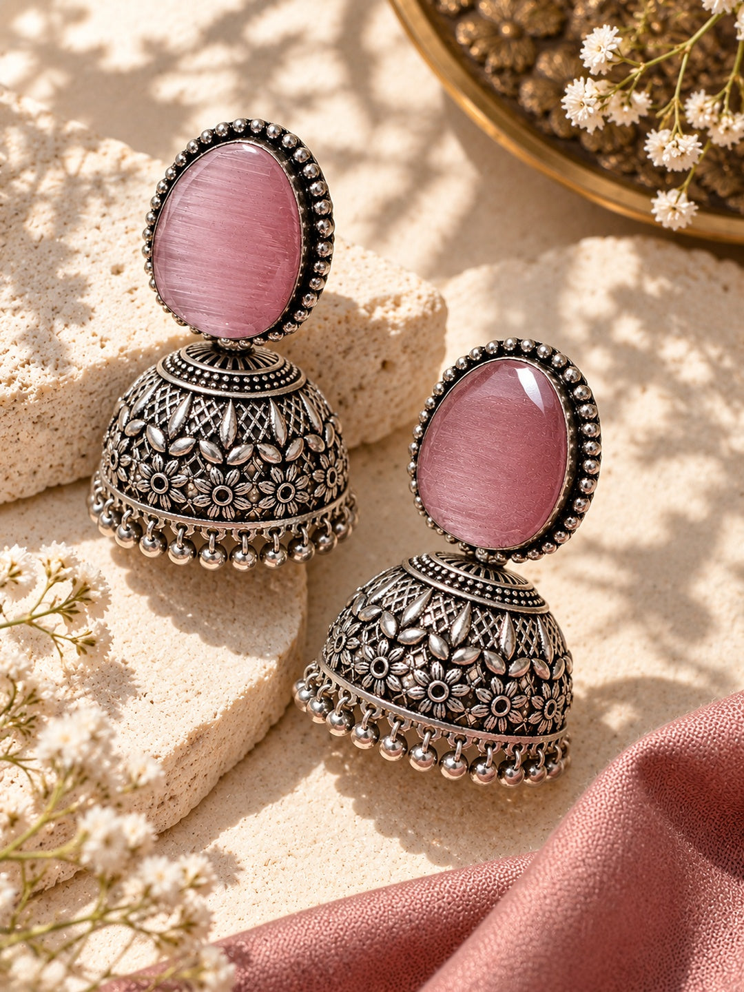 Monalisa Stone Silver Replica Jhumka Earrings product close view