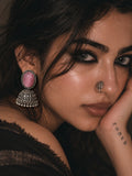 Monalisa Stone Silver Replica Jhumka Earrings on model