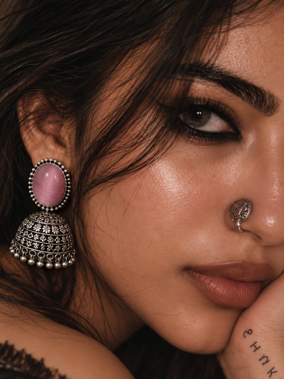 Monalisa Stone Silver Replica Jhumka Earrings worn by model close up