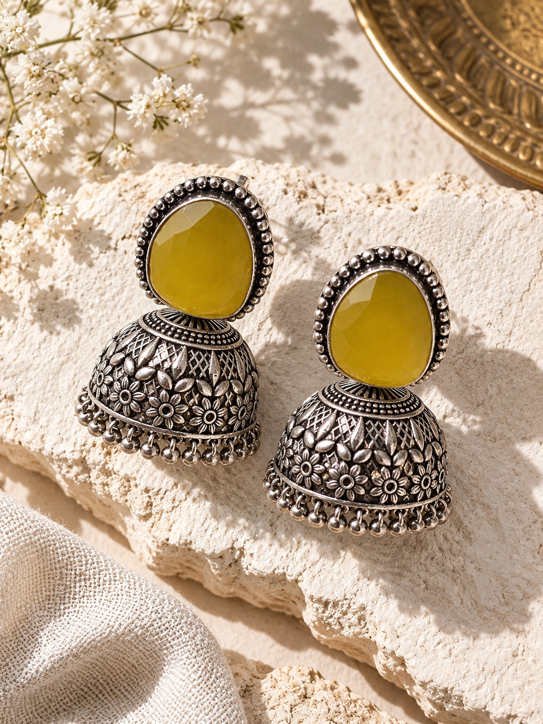 Monalisa Stone Silver replica jhumka editorial angle