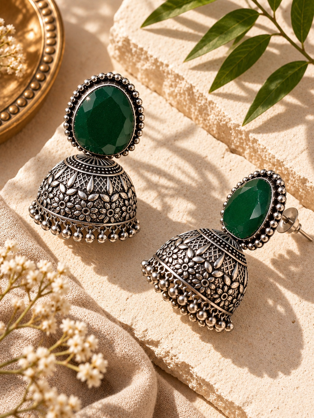 Monalisa Stone Silver Replica jhumka worn on model