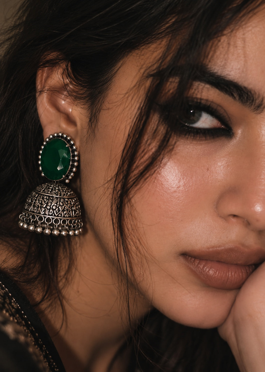 Monalisa Stone Silver Replica jhumka worn on model