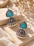 ER26N10356 Monalisa Stone Silver Replica Jhumka styled flat lay