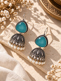 ER26N10356 Monalisa Stone Silver Replica Jhumka close flat lay