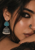 ER26N10356 Monalisa Stone Silver Replica Jhumka worn by model