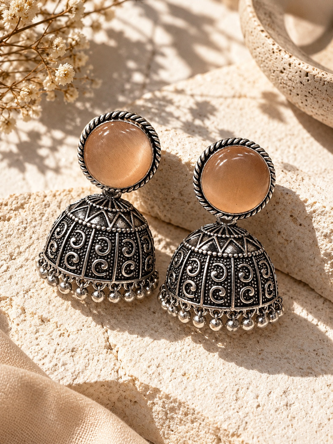 Monalisa Stone Silver Replica jhumka worn by model