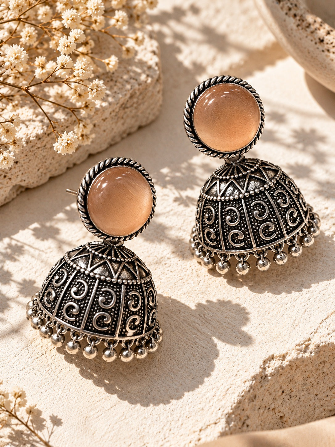 Monalisa Stone Silver Replica jhumka editorial angle