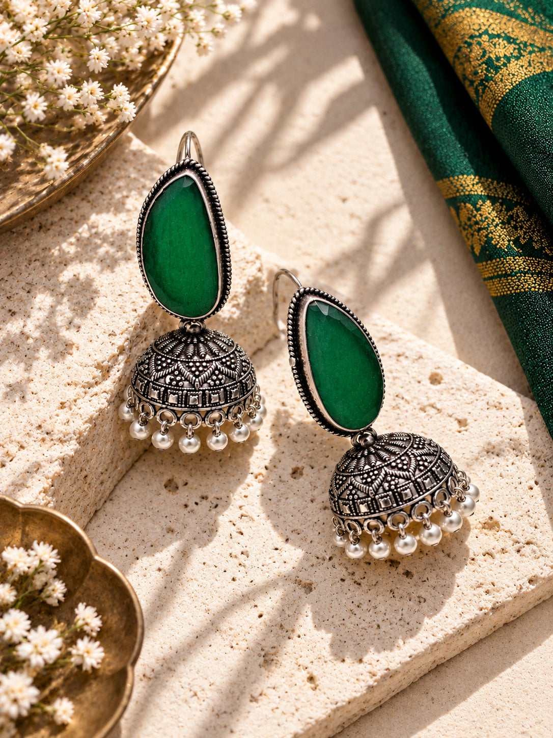 Monalisa Stone Silver Replica green jhumka editorial catalog