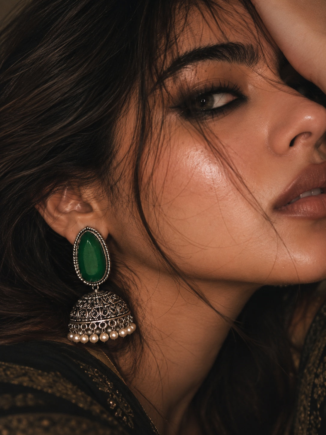 Monalisa Stone Silver Replica green jhumka earrings on model