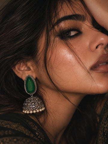 Monalisa Stone Silver Replica green jhumka earrings on model