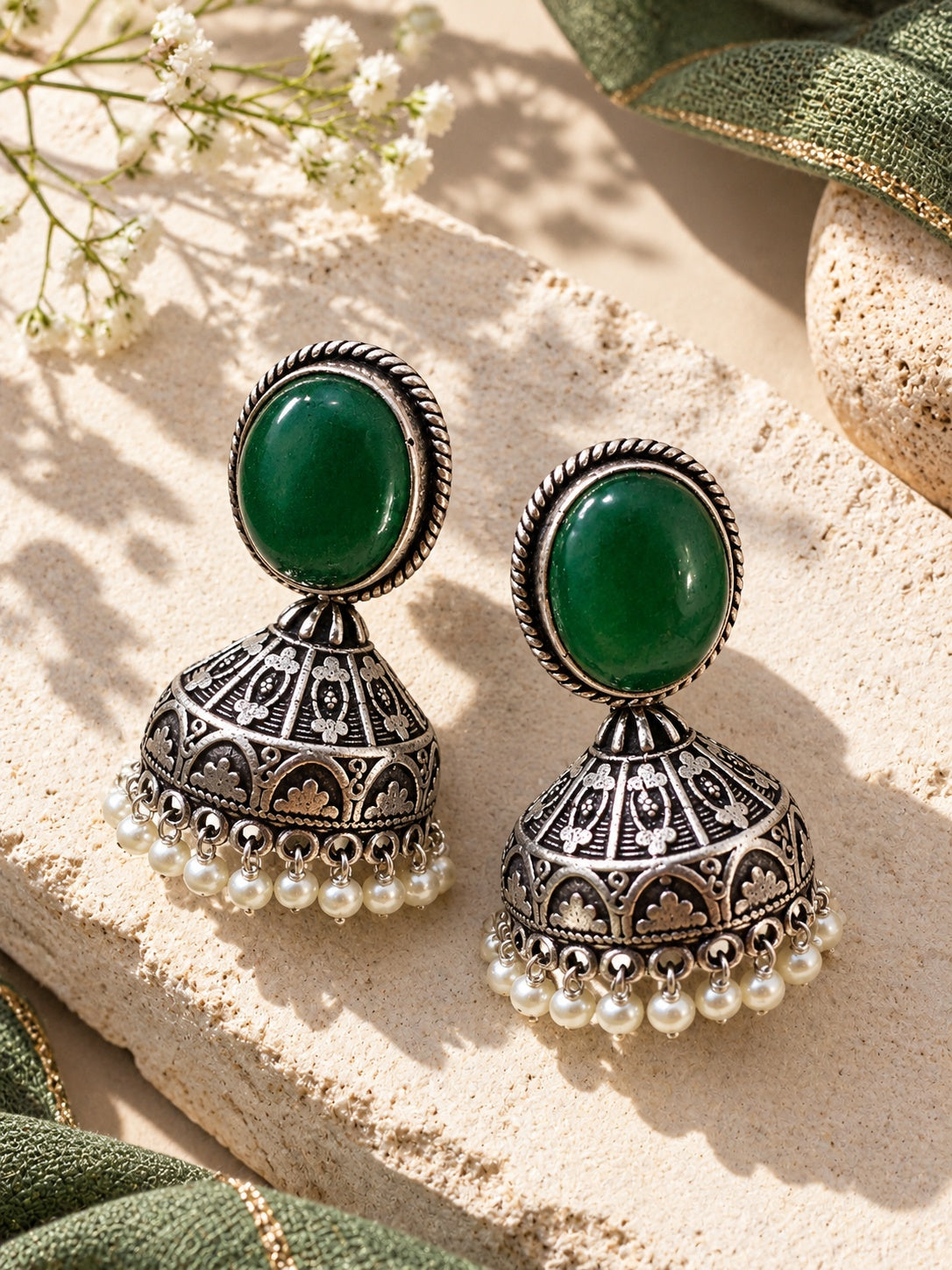 Monalisa Stone Silver Replica green jhumka earrings flat shot