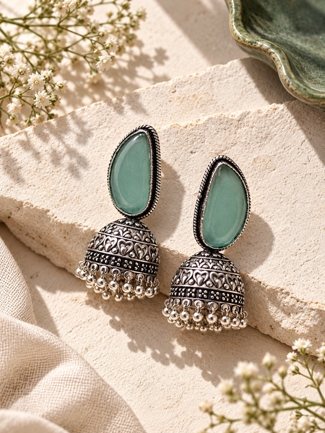 Monalisa Stone Silver Replica Jhumka Earrings flat shot