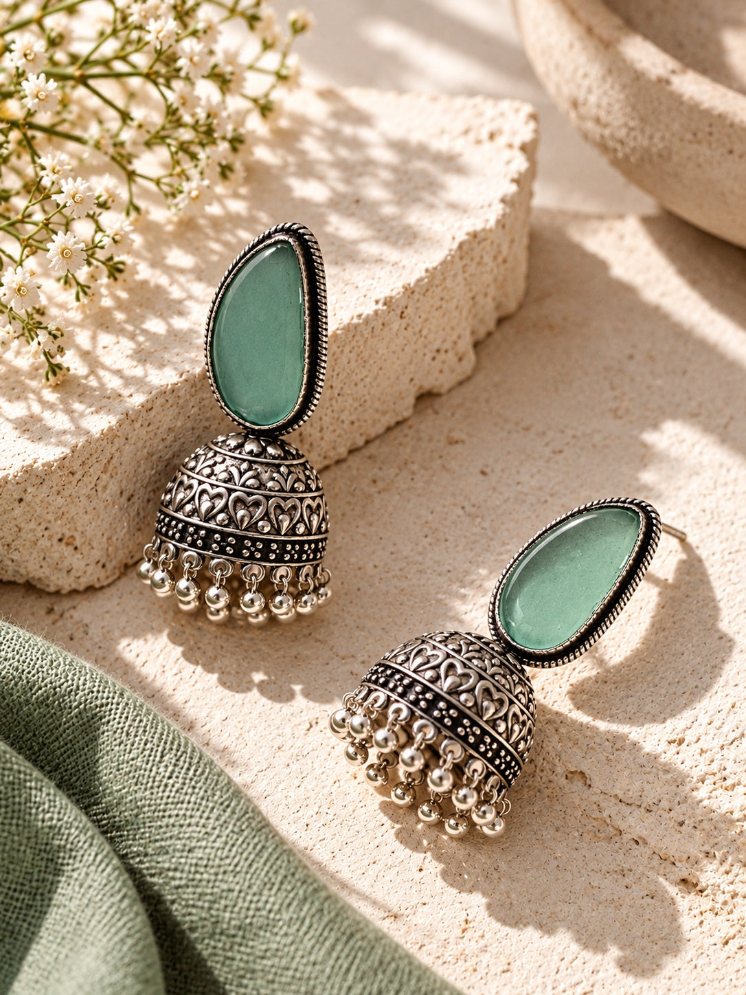 Monalisa Stone Silver Replica Jhumka Earrings alternate angle
