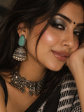 Monalisa Stone Silver Replica Jhumka Earrings worn by model