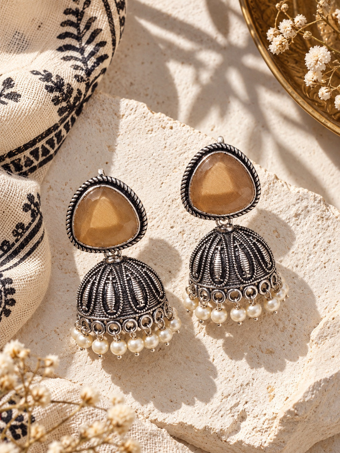 Model wearing Monalisa Stone Silver Replica Jhumka Earrings