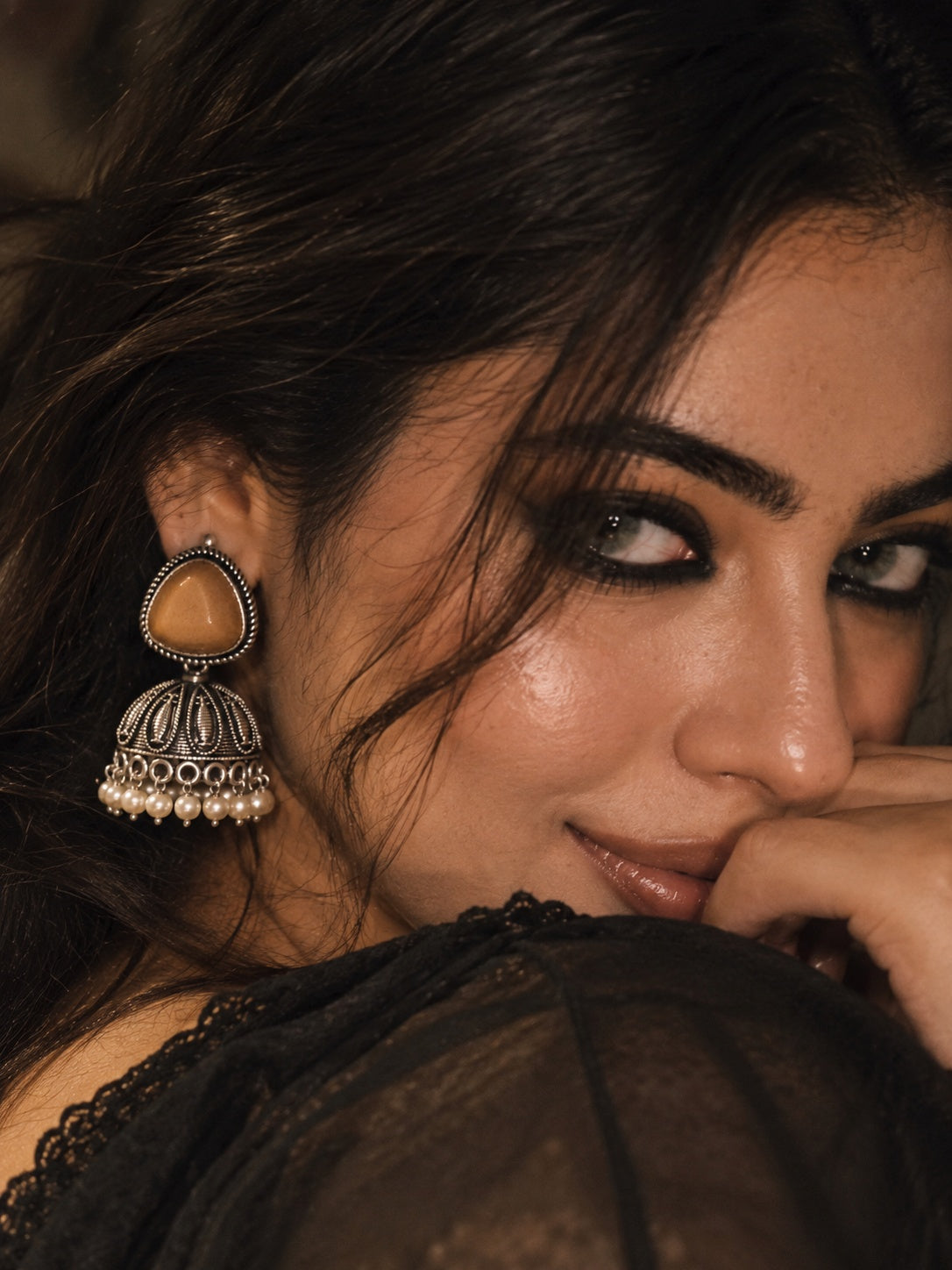 Model wearing Monalisa Stone Silver Replica Jhumka Earrings