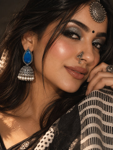 Niska Monalisa Stone Silver Replica blue jhumka worn by model