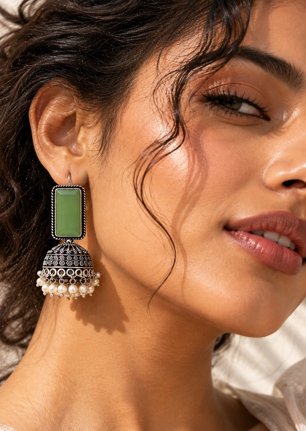 Green Monalisa Stone Silver Replica Jhumka Earrings worn by a model