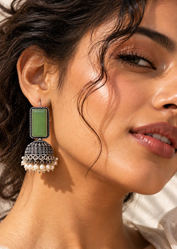 Green Monalisa Stone Silver Replica Jhumka Earrings worn by a model