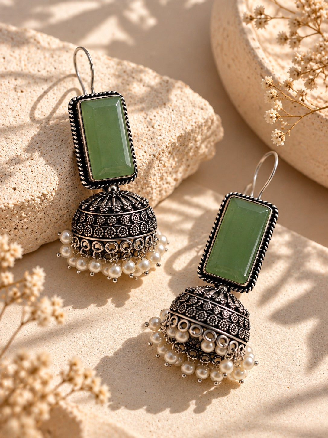 Green Monalisa Stone Silver Replica Jhumka Earrings worn by a model
