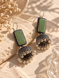 Green Monalisa Stone Silver Replica Jhumka Earrings with pearl-style drops