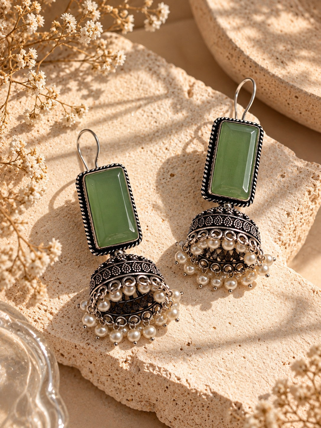 Green Monalisa Stone Silver Replica Jhumka Earrings with pearl-style drops