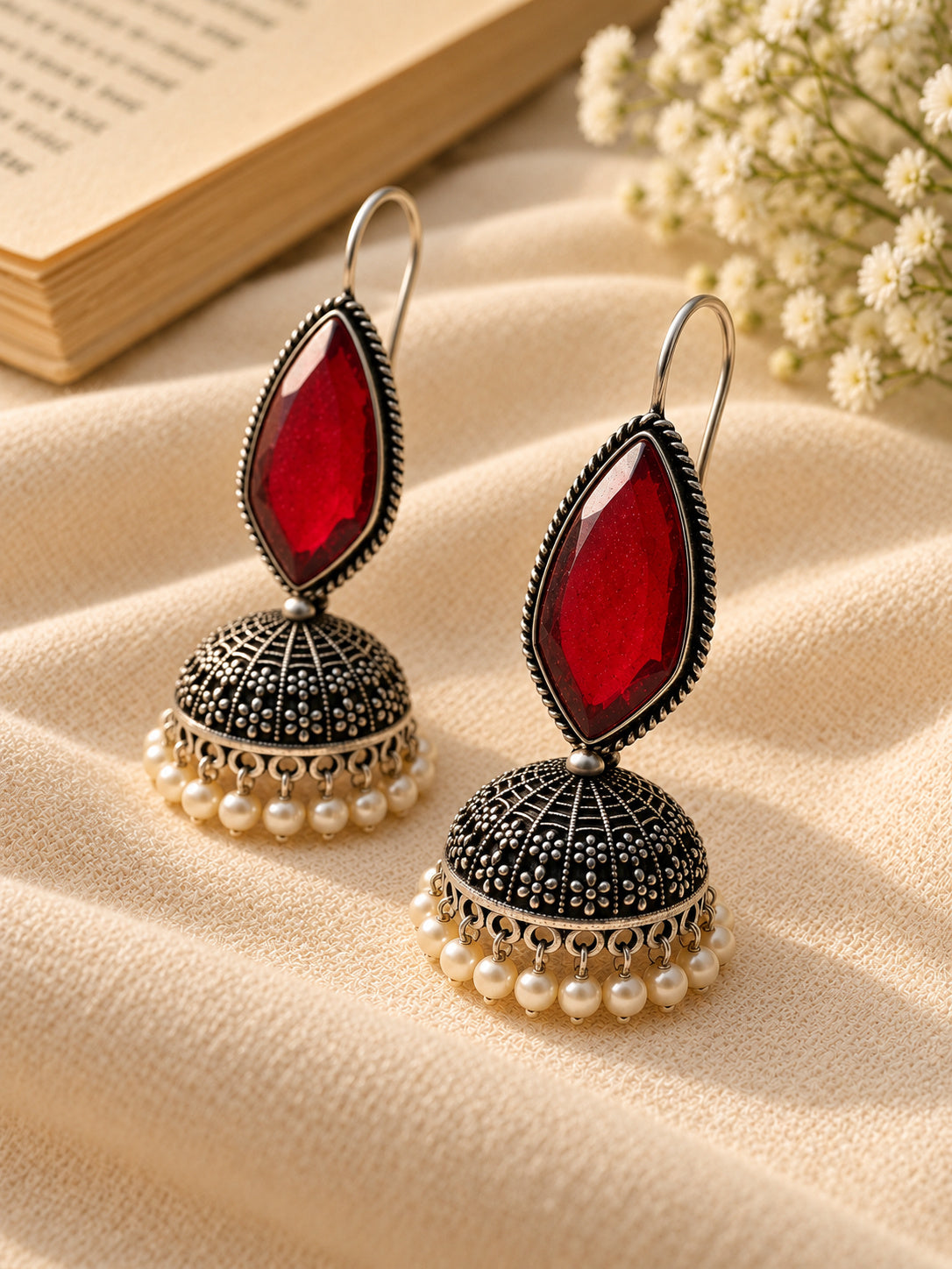 Niska red Monalisa Stone Silver replica jhumka earrings with pearl fringe