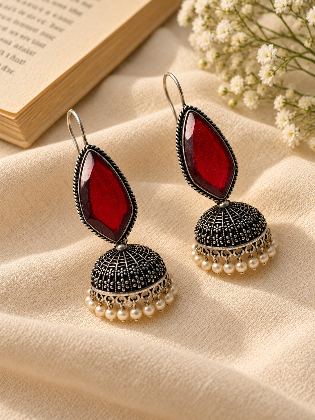 Niska red Monalisa Stone Silver replica jhumka earrings with pearl fringe