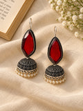 Niska red Monalisa Stone Silver replica jhumka earrings with pearl fringe