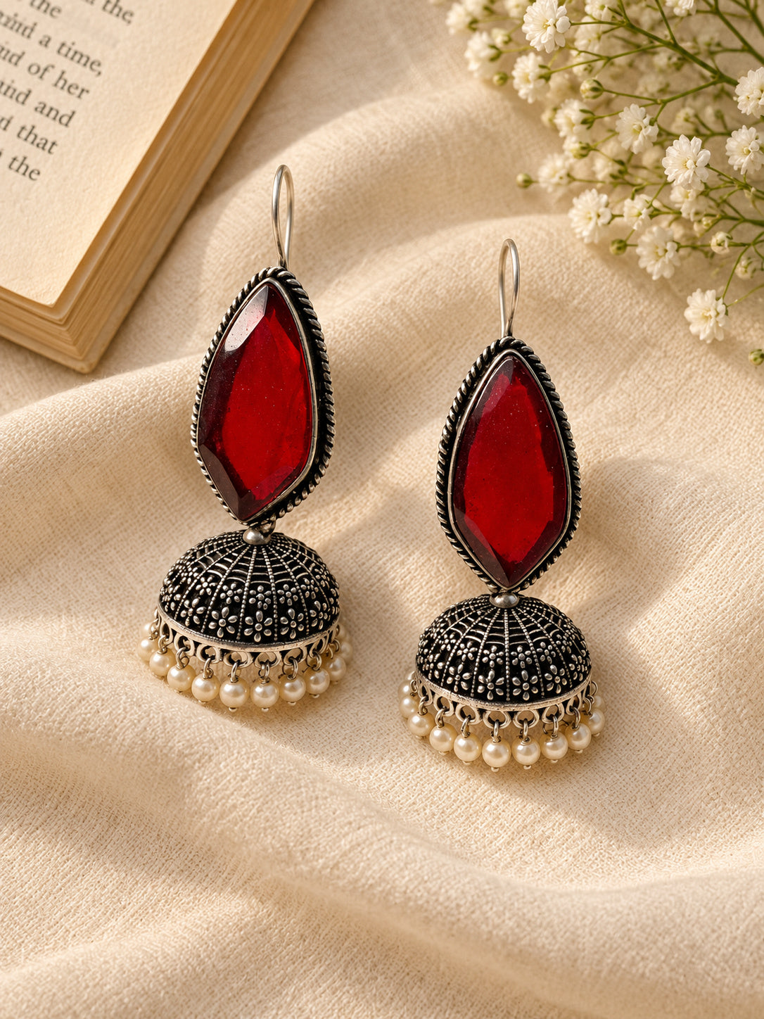 Niska red Monalisa Stone Silver replica jhumka earrings with pearl fringe