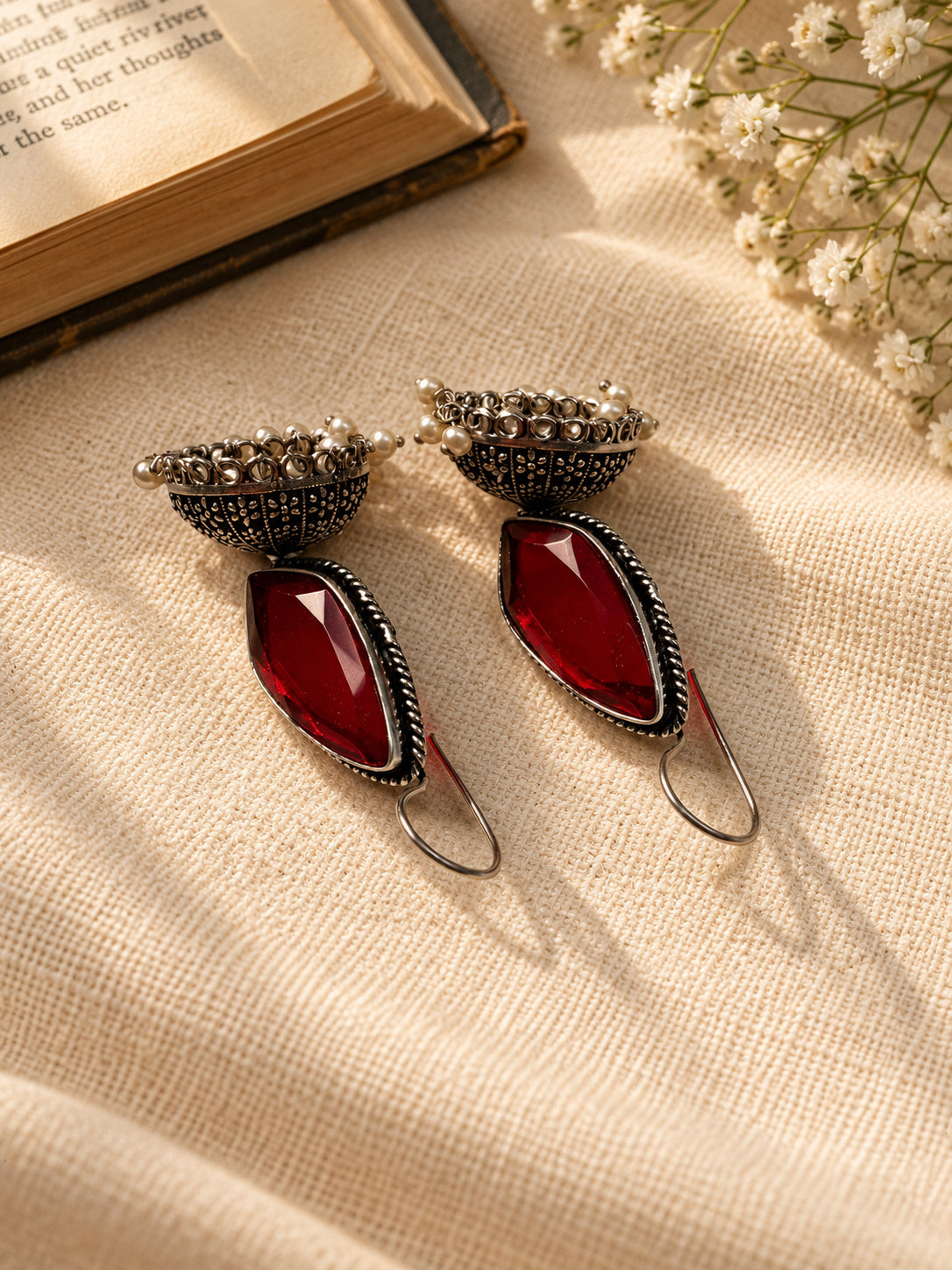 Niska red Monalisa Stone Silver replica jhumka earrings with pearl fringe