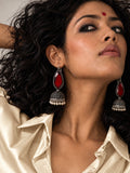 Niska red Monalisa Stone Silver replica jhumka earrings with pearl fringe