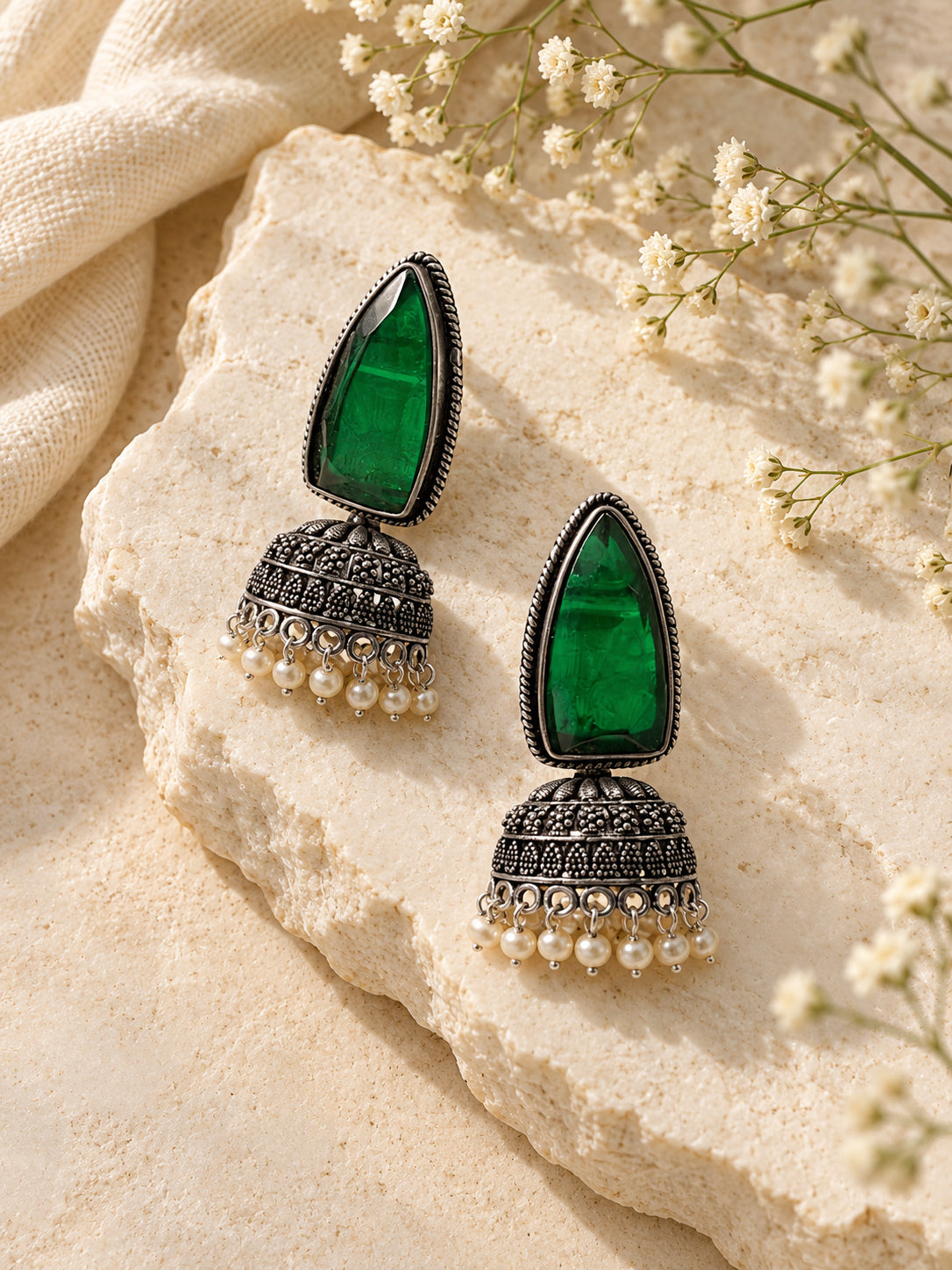 Niska green Monalisa Stone Silver replica pearl fringe jhumka earrings view 2