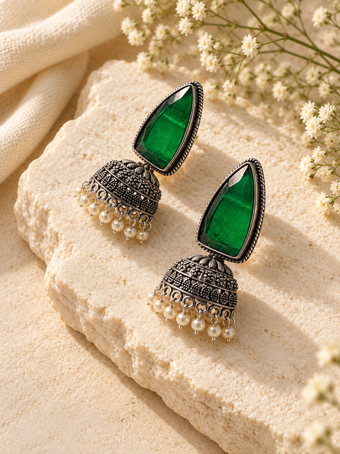 Niska green Monalisa Stone Silver replica pearl fringe jhumka earrings view 3