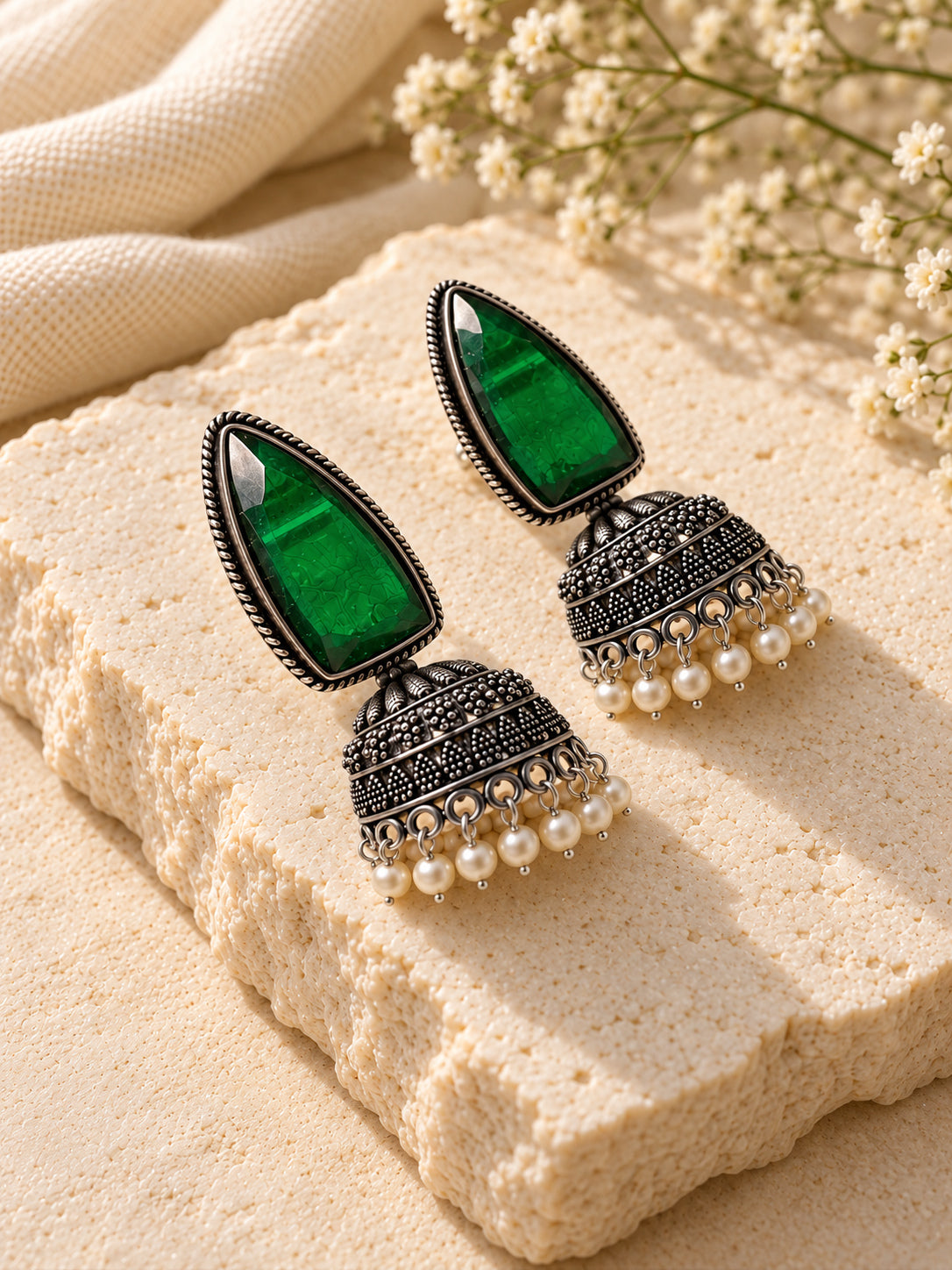 Niska green Monalisa Stone Silver replica pearl fringe jhumka earrings view 5