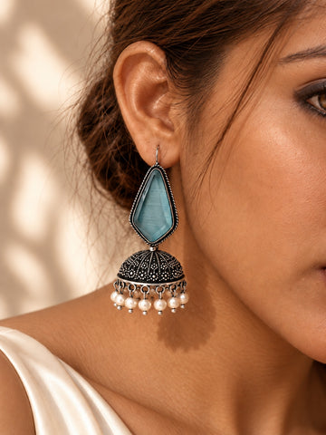 Niska blue Monalisa Stone Silver replica jhumka earrings with pearl fringe