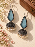 Niska blue Monalisa Stone Silver replica jhumka earrings with pearl fringe