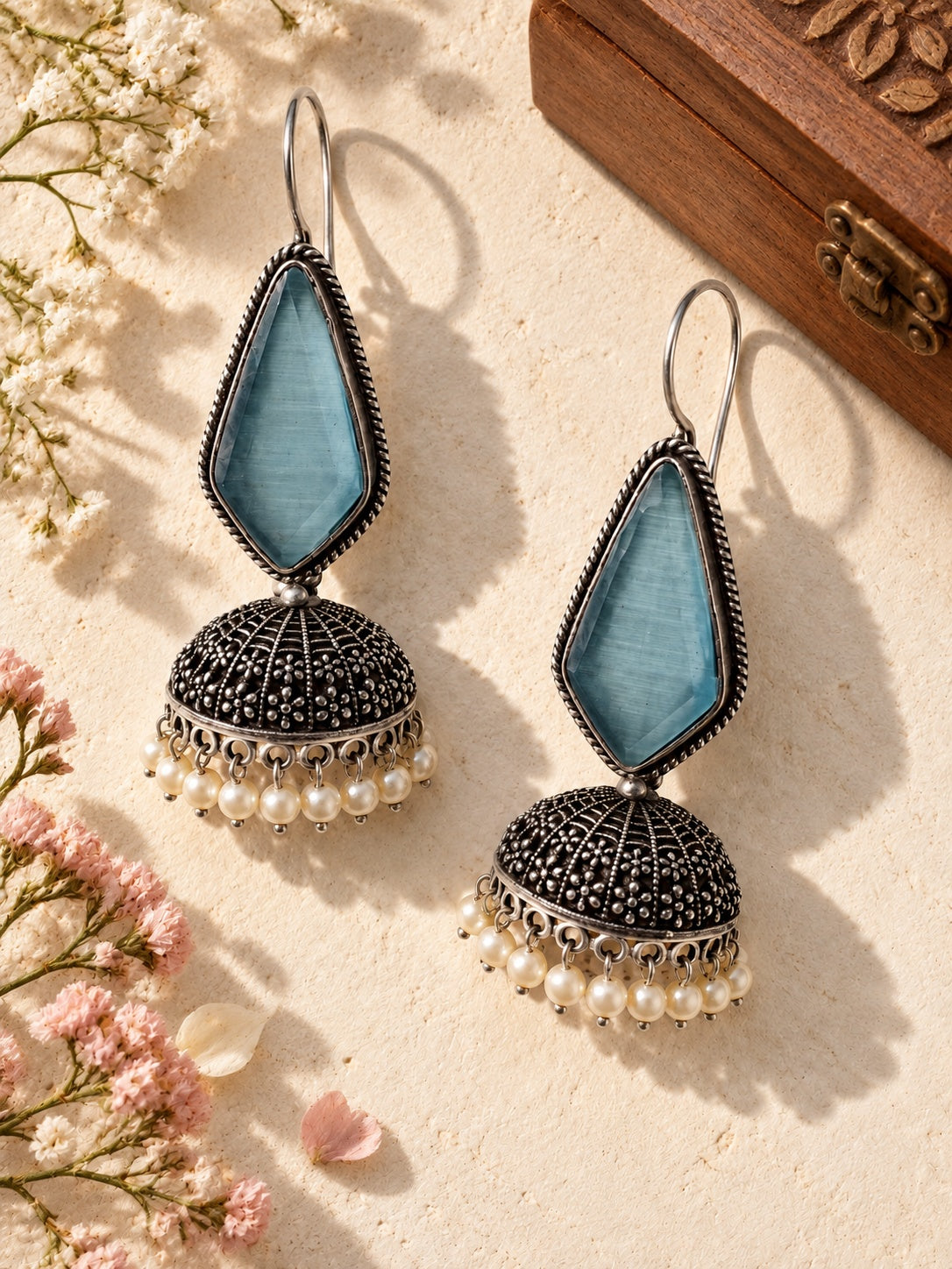 Niska blue Monalisa Stone Silver replica jhumka earrings with pearl fringe