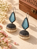 Niska blue Monalisa Stone Silver replica jhumka earrings with pearl fringe