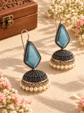 Niska blue Monalisa Stone Silver replica jhumka earrings with pearl fringe