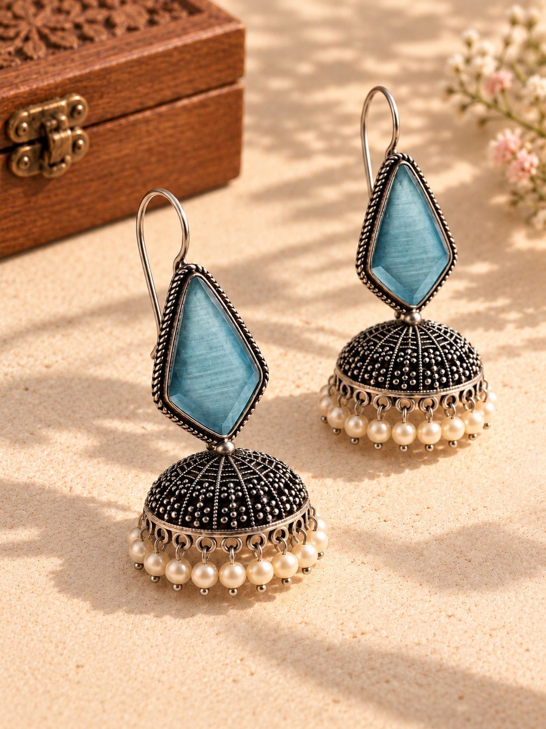 Niska blue Monalisa Stone Silver replica jhumka earrings with pearl fringe