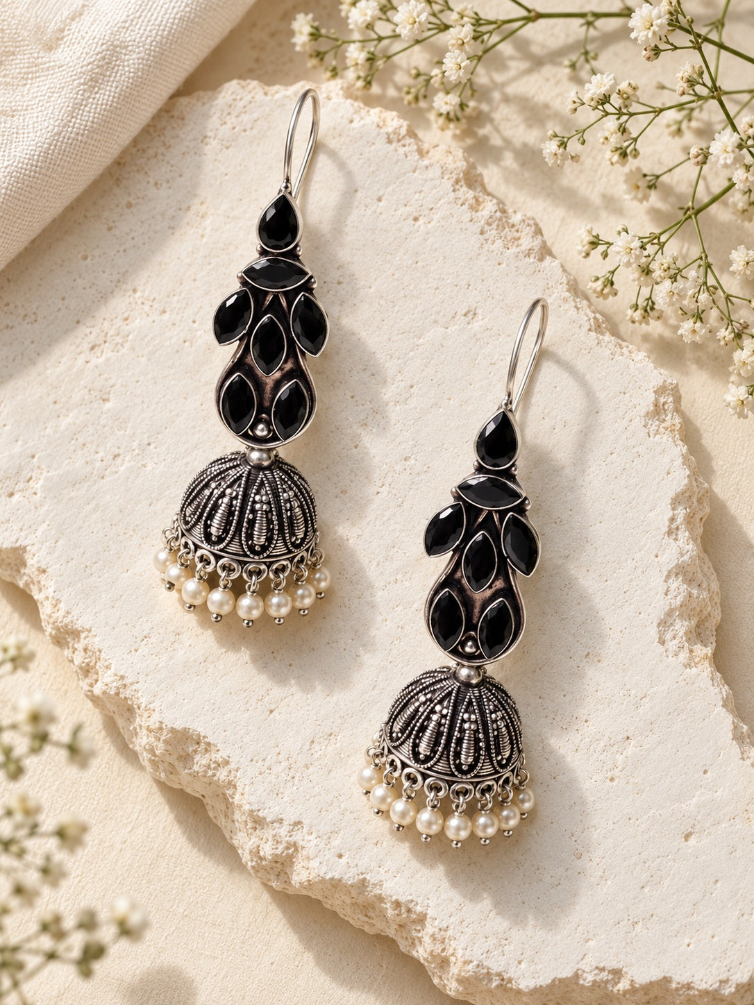 Niska black Monalisa Stone Silver replica jhumka earrings view 2