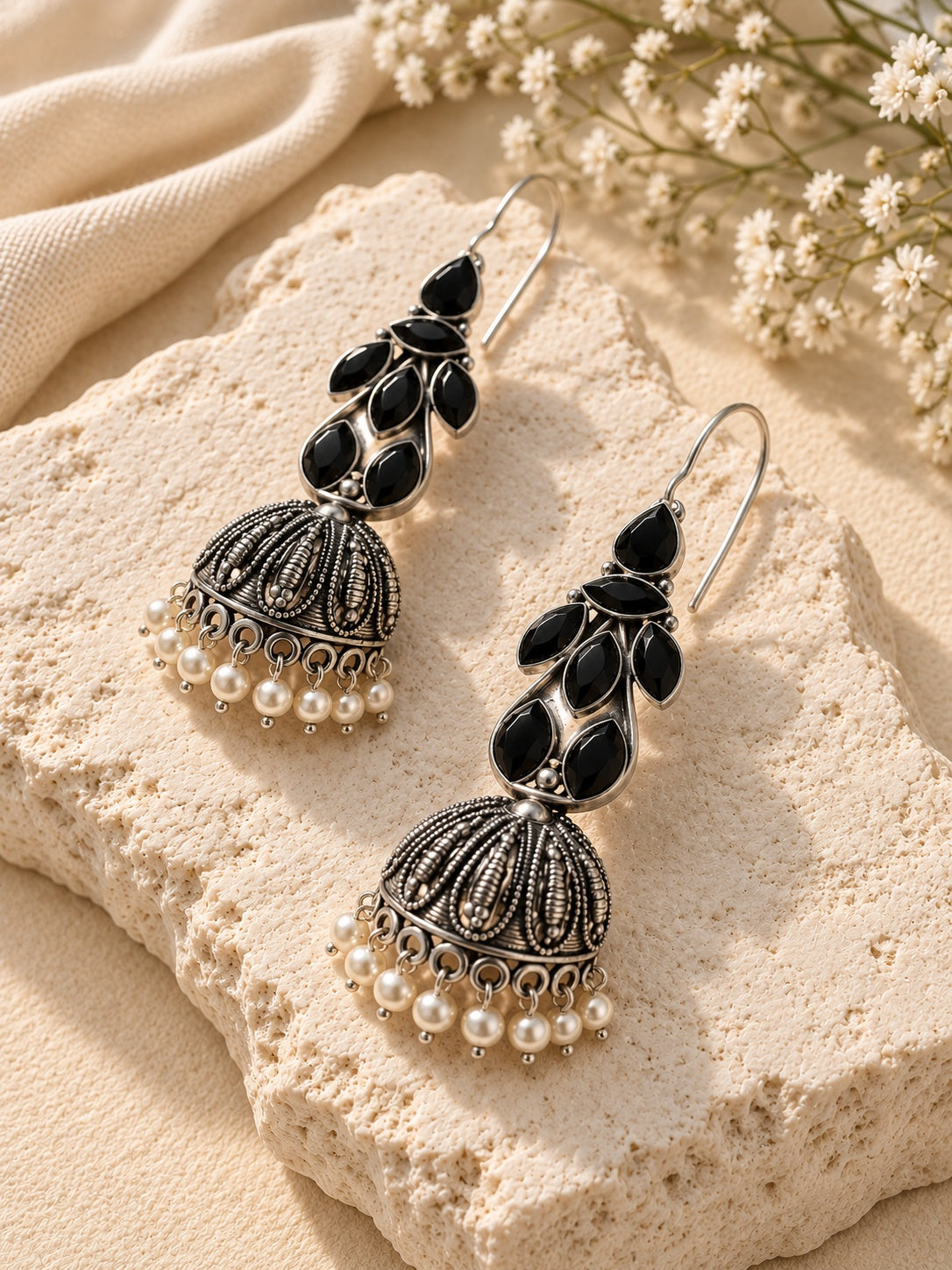 Niska black Monalisa Stone Silver replica jhumka earrings view 4
