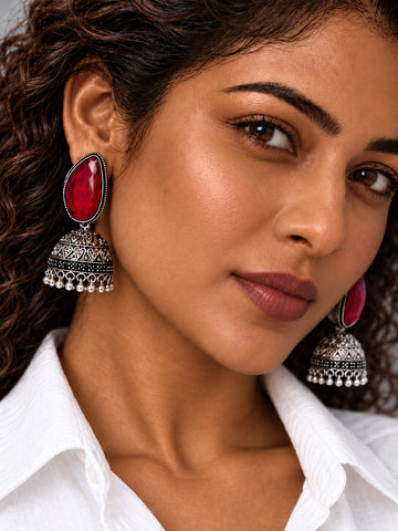 Niska red Monalisa Stone Silver replica jhumka earrings worn with a white shirt
