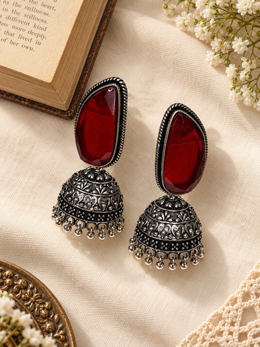 Red Monalisa Stone Silver replica jhumka earrings by Niska — campaign view 2
