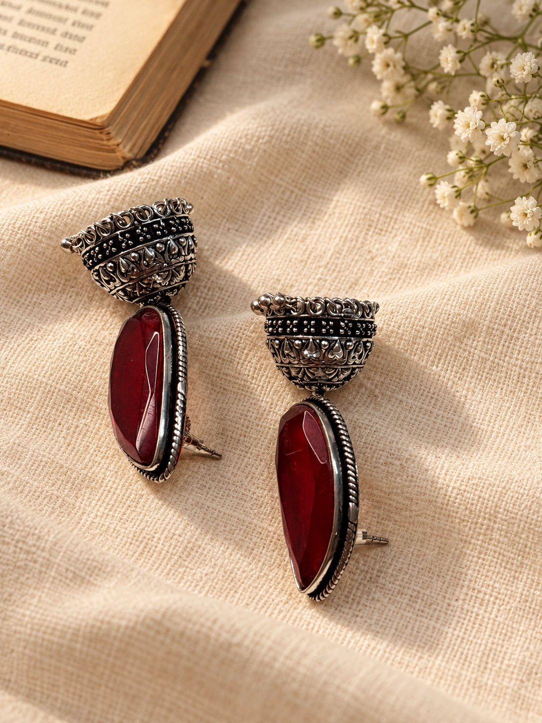 Red Monalisa Stone Silver replica jhumka earrings by Niska — campaign view 5