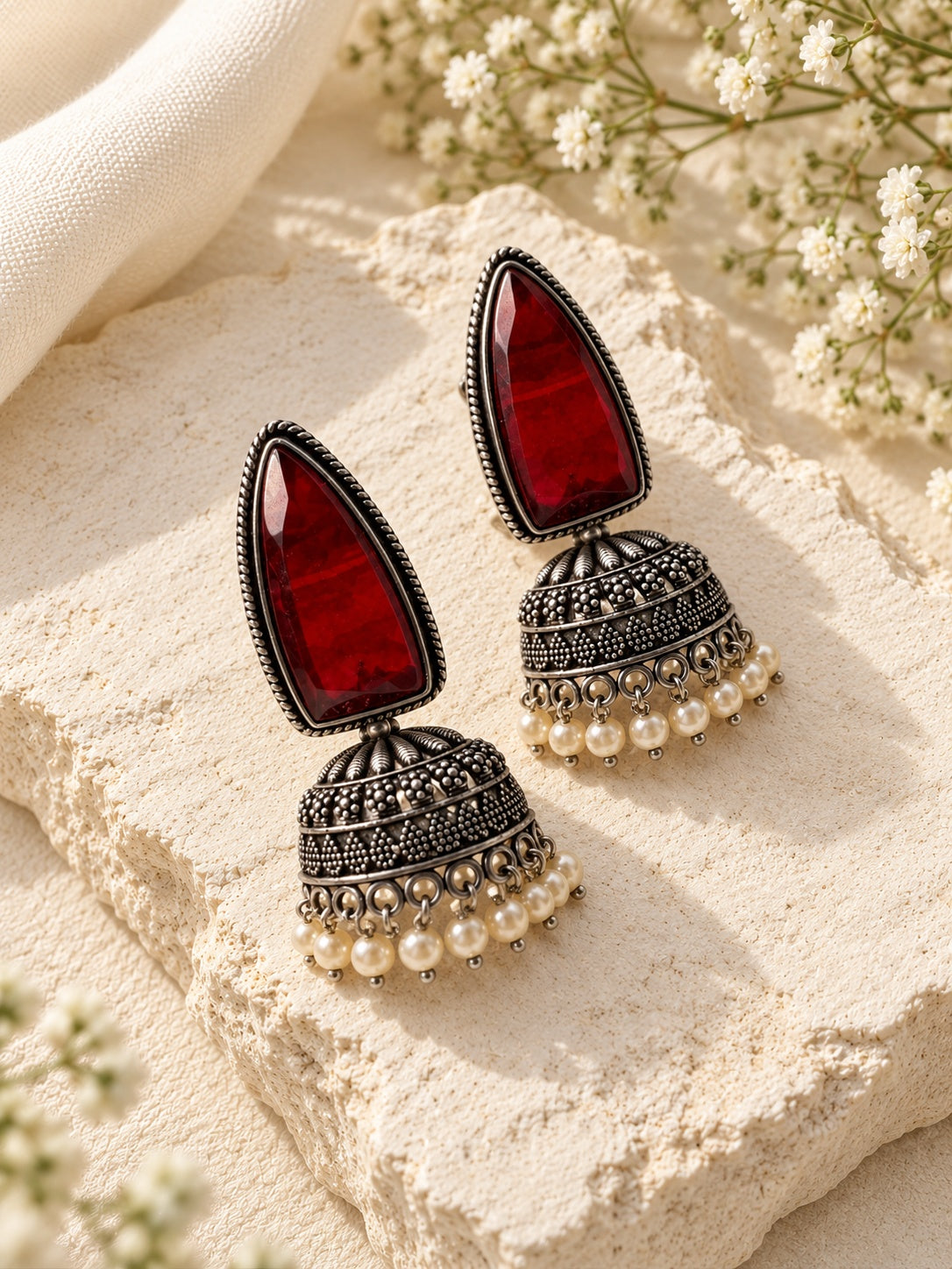 Niska ruby red Monalisa Stone Silver replica jhumka earrings