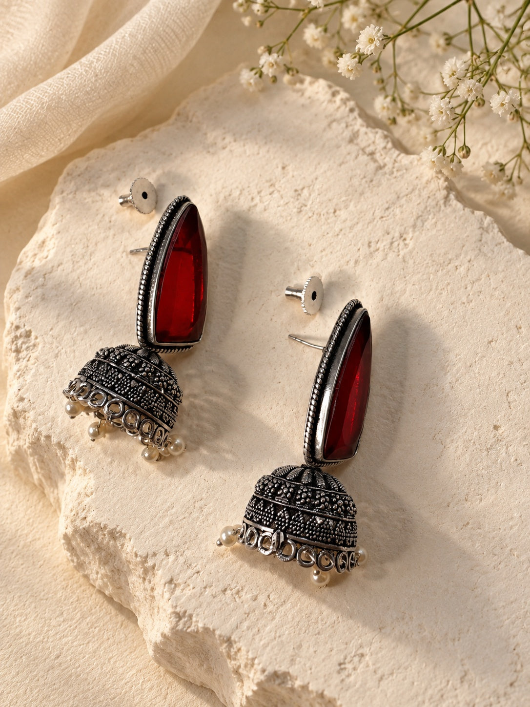 Niska ruby red Monalisa Stone Silver replica jhumka earrings